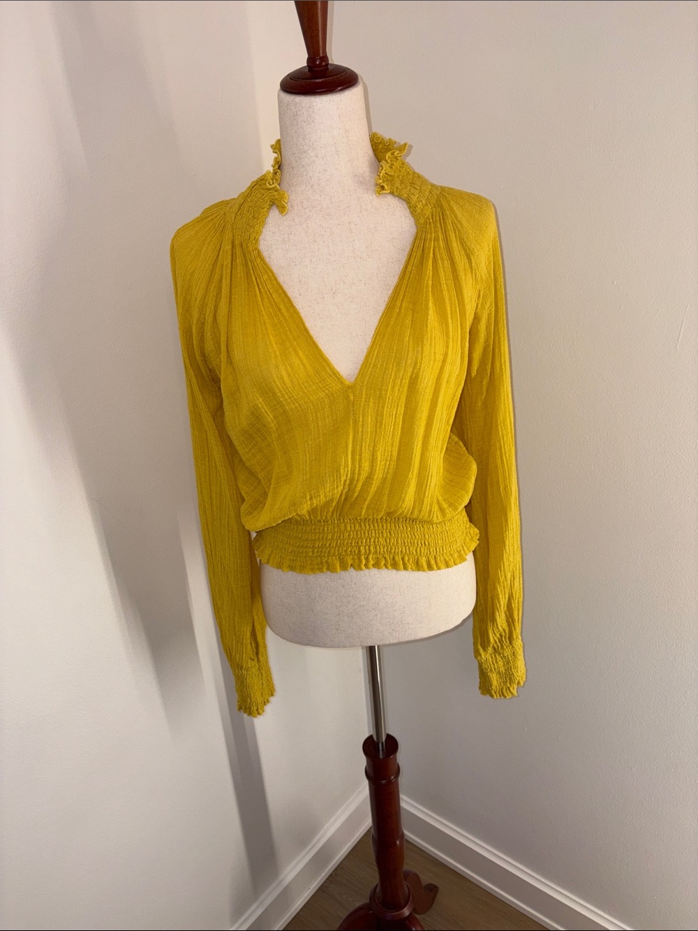 Free People Mustard Yellow Smocked-Hem V-Neck Blouse